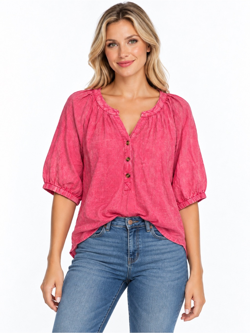 Umgee NWT Size Medium Pink Henley Mineral Wash Puff-Sleeve Women’s Top